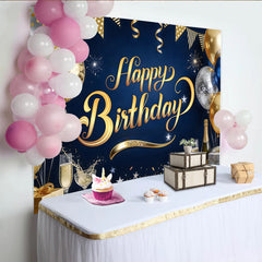 Lofaris Toile de fond joyeux anniversaire bleu marine et or avec ballons, élégant décor de fête pour célébration et studio photo