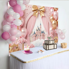Lofaris Toile de fond rose et or château de princesse avec ballons anniversaire fille, décor de fête avec carrosses et roses pour séance photo