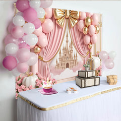 Lofaris Toile de fond rose et or château princesse avec ballons, élégant décor de fête pour studio photo et célébration