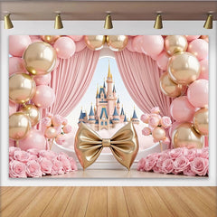 Lofaris Toile de fond rose et or pour anniversaire princesse avec château, magnifique décor de fête avec ballons et roses pour fille