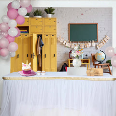 Lofaris Toile de fond pour la rentrée scolaire avec casiers jaunes, tableau noir et fournitures, décor de studio pour enfants