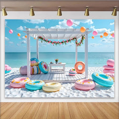 Lofaris Toile de fond de photographie plage d'été avec pergola et bouées colorées, magnifique arrière-plan pour fête estivale et studio photo