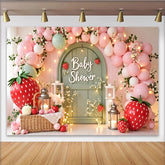 Lofaris Toile de fond pour baby shower rose et verte avec fraises et ballons, magnifique arrière-plan de fête pour studio photo