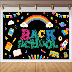 Lofaris Toile de fond colorée pour la rentrée scolaire avec bus et livres, joyeux décor de fête pour enfants et studio photo