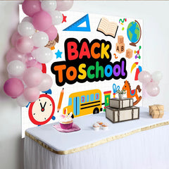 Lofaris Toile de fond de rentrée scolaire joyeuse avec bus livre hibou et globe, arrière-plan éducatif pour studio photo et événements