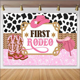Lofaris Toile de fond rose rodéo pour 1er anniversaire fille avec bottes et chapeau, arrière-plan de fête imprimé vache et motif bandana