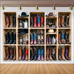 Lofaris Étagère en bois rustique avec bottes et chapeaux, toile de fond de photographie western, authentique arrière-plan de style cowboy