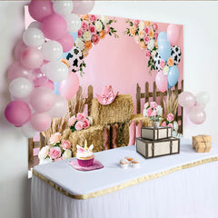 Lofaris Toile de fond rose pour anniversaire western avec ballons et fleurs, décor rustique avec bottes de cowboy pour séance photo