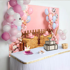 Lofaris Toile de fond anniversaire cowgirl rose et bleue avec ballons, décor rustique de ferme pour fête d'enfants et séance photo