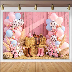 Lofaris Toile de fond baby shower cowgirl rose et bleue avec ballons imprimé vache et fleurs, décor western rustique pour séance photo