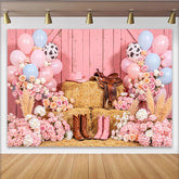 Lofaris Toile de fond anniversaire western grange rose pour fille, décor rustique avec ballons et fleurs pour séance photo