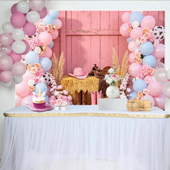 Lofaris Toile de fond pour baby shower western rose et bleue avec ballons imprimé vache, décor rustique pour séance photo et fête