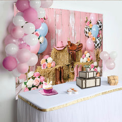 Lofaris Toile de fond pour anniversaire cowgirl rose avec bottes et chapeau, magnifique décor de fête pour séance photo