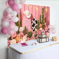 Lofaris Toile de fond de photographie western bohème rose avec cactus et fleurs, élégant arrière-plan pour studio photo ou fête à thème
