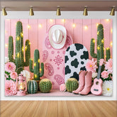 Lofaris Toile de fond anniversaire cowgirl rose avec cactus et bottes, décor de fête western avec fleurs pour studio photo