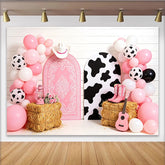 Lofaris Toile de fond rose cowgirl avec imprimé vache et ballons, décor de fête western pour séance photo et studio