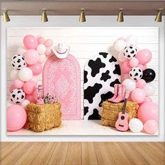 Lofaris Toile de fond rose cowgirl avec imprimé vache et ballons, décor de fête western pour séance photo et studio