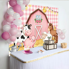 Lofaris Toile de fond pour anniversaire ferme rose avec animaux et grange, arrière-plan de fête pour enfants et décor de studio photo