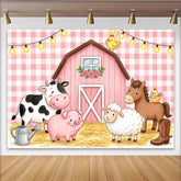 Lofaris Toile de fond pour anniversaire ferme rose avec animaux et grange, arrière-plan de fête pour enfants et décor de studio photo