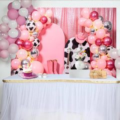 Lofaris Toile de fond anniversaire cowgirl rose disco avec ballons et paillettes, élégant arrière-plan pour studio photo et décoration de fête