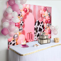 Lofaris Toile de fond anniversaire cowgirl rose disco avec ballons et paillettes, élégant arrière-plan pour studio photo et décoration de fête