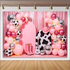 Lofaris Toile de fond anniversaire cowgirl rose disco avec ballons et paillettes, élégant arrière-plan pour studio photo et décoration de fête