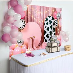 Lofaris Toile de fond rose pailletée western pour anniversaire, avec imprimé vache, ballons et boules disco, décor de fête pour studio photo