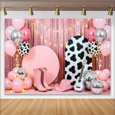 Lofaris Toile de fond rose pailletée western pour anniversaire, avec imprimé vache, ballons et boules disco, décor de fête pour studio photo