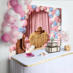 Lofaris Toile de fond pour baby shower western rose et bleue avec fleurs et ballons, décor rustique pour séance photo et fête à thème