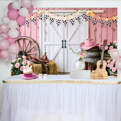Lofaris Toile de fond de photographie western rose avec porte de grange et guirlande à imprimé vache, décor rustique pour studio photo