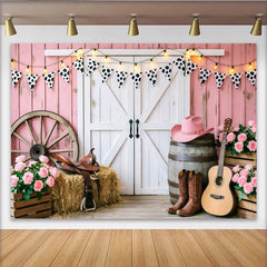 Lofaris Toile de fond de photographie western rose avec porte de grange et guirlande à imprimé vache, décor rustique pour studio photo
