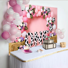 Lofaris Toile de fond rose pour 1er anniversaire fille avec ballons imprimé vache et fleurs, magnifique décor de fête pour séance photo
