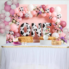 Lofaris Toile de fond pour 1er anniversaire fille imprimé vache avec ballons roses, décor de fête rustique pour studio photo