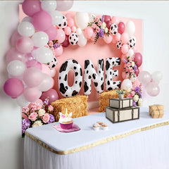 Lofaris Toile de fond pour 1er anniversaire fille imprimé vache avec ballons roses, décor de fête rustique pour studio photo