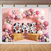 Lofaris Toile de fond pour 1er anniversaire fille imprimé vache avec ballons roses, décor de fête rustique pour studio photo