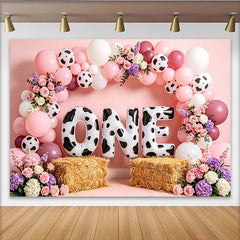 Lofaris Toile de fond pour 1er anniversaire fille imprimé vache avec ballons roses, décor de fête rustique pour studio photo