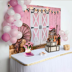 Lofaris Toile de fond anniversaire cowgirl rose grange et imprimé vache, décor western avec bottes et guitare pour studio photo