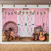 Lofaris Toile de fond anniversaire cowgirl rose grange et imprimé vache, décor western avec bottes et guitare pour studio photo