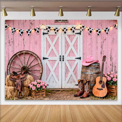 Lofaris Toile de fond anniversaire cowgirl rose grange et imprimé vache, décor western avec bottes et guitare pour studio photo