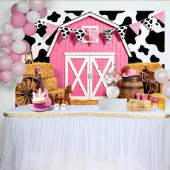 Lofaris Toile de fond rose grange cowgirl pour anniversaire fille avec imprimé vache et bottes, décor de fête rustique pour séance photo