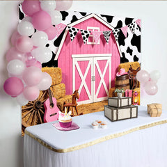 Lofaris Toile de fond rose grange cowgirl pour anniversaire fille avec imprimé vache et bottes, décor de fête rustique pour séance photo