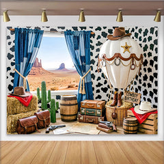 Lofaris Toile de fond pour anniversaire cowboy avec montgolfière et paysage désertique, décor western pour fête d'enfants et séance photo