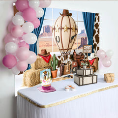 Lofaris Toile de fond anniversaire cowboy avec montgolfière et éléments western, décor de fête pour studio photo avec paysage désertique