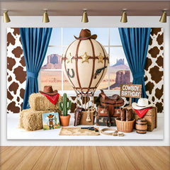 Lofaris Toile de fond anniversaire cowboy avec montgolfière et éléments western, décor de fête pour studio photo avec paysage désertique