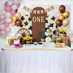 Lofaris Toile de fond pour 1er anniversaire western avec imprimé vache et bottes, décor rustique pour séance photo avec ballons et cactus