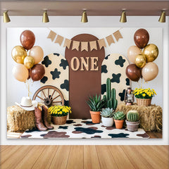 Lofaris Toile de fond pour 1er anniversaire western avec imprimé vache et bottes, décor rustique pour séance photo avec ballons et cactus