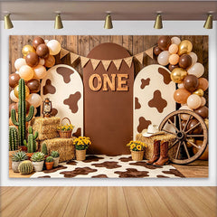 Lofaris Toile de fond western pour 1er anniversaire motif vache et ballons, décor rustique en bois pour séance photo de bébé