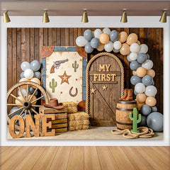 Lofaris Toile de fond premier anniversaire western avec lettres ONE et décor rustique, en bois avec ballons pour séance photo de bébé