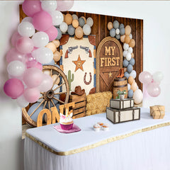 Lofaris Toile de fond pour 1er anniversaire western avec bois rustique et ballons, arrière-plan de fête cowboy pour séance photo