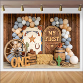 Lofaris Toile de fond pour 1er anniversaire western avec bois rustique et ballons, arrière-plan de fête cowboy pour séance photo